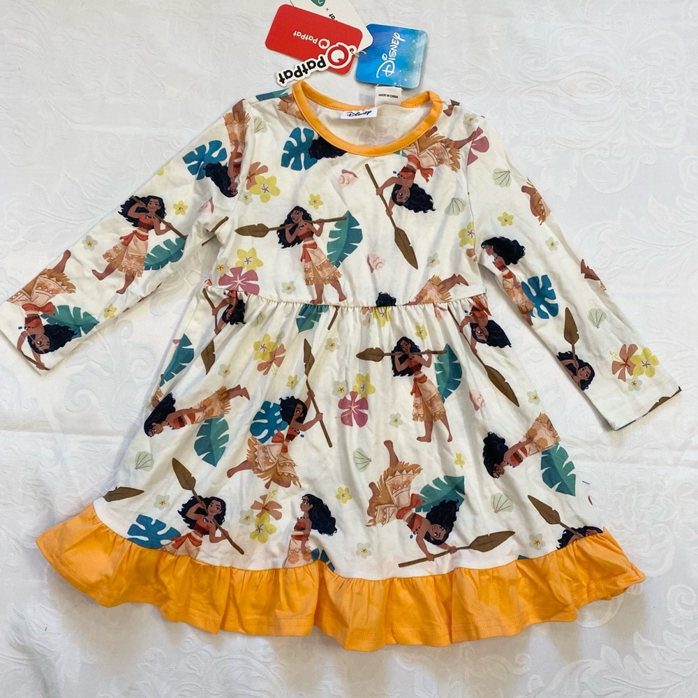 Disney Princess Moana Floral Toddler Girl Dress A Line Long Sleeve Kids Casual - Picture 6 of 8